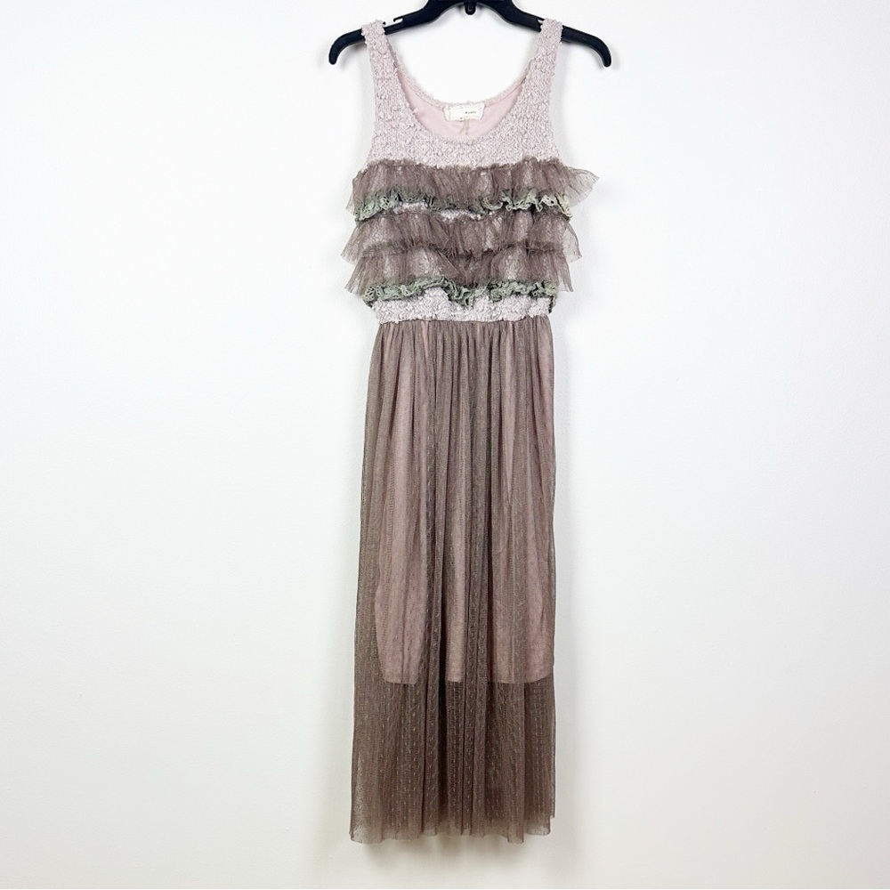 A'Reve Blush Taupe Tulle Ruffle Midi Dress Size S
